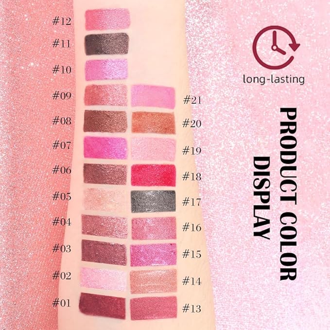 evpct Pink Metallic Glitter Lip Liner and Lipstick Combo Lip Gloss Stain Set Makeup for Women Long Lasting Waterproof 24, Rose Pink Metallic Shimmer Frosted Iridescent Glossy Liquid Lipstick 21