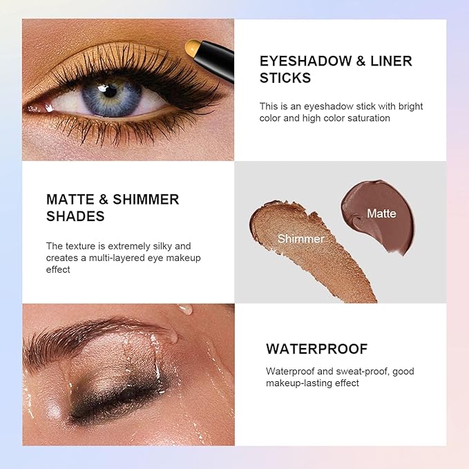 CHIFURE Eyeshadow Stick, Shimmer and Matte Cream Eye Shadow Brightener Sticks Eyeliner Pencil Crayon, Waterproof Long Lasting Eye Highlighter Stick Makeup,0.056 Oz (5PCS Shimmer)