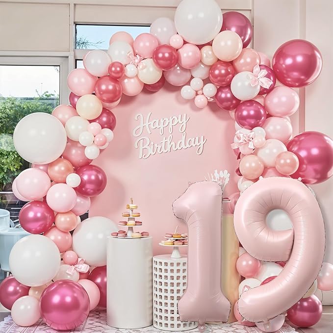 Pastel Pink 19 Balloon Number for Girls, 40'' Self Inflating Number 19 Balloons, Big Light Blush Pink Foil 1 & 9 Helium Balloon 19 for Women Boho Coquette 19th Birthday Party Anniversary Decorations