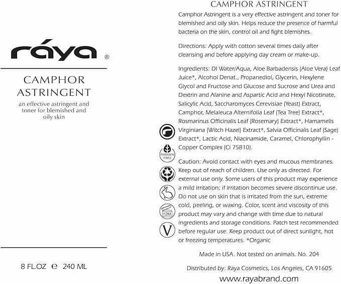 RAYA Camphor Astringent (204) - Facial Toner for Oily and Break-Out Skin, Dries Up Blemishes and Controls Excessive Oiliness, Made with Camphor and Eucalyptus, Skin Essence for Acne Prone Skin, 8 oz
