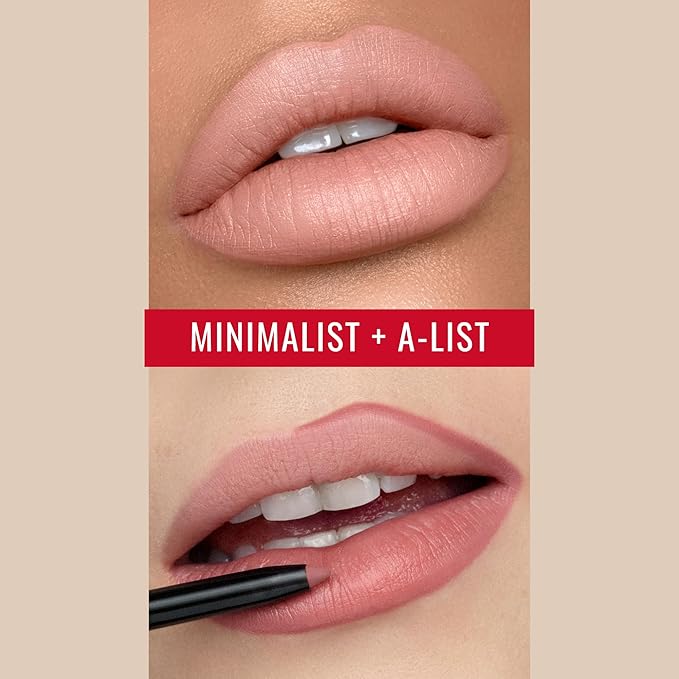 Runway Rogue ‘Minimalist’ Velvet Glam Liquid Lipstick, Almost-Matte Soft Nude Lipstick with ‘A List’ Designer Liner Lip Pencil, Matte Soft Pink-Mauve Lip-Liner Pencil and Lip-Liner Sharpener