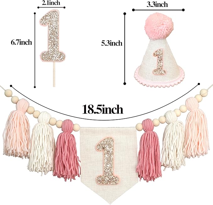 Pink Baby Girl 1st Highchair Banner Wood Bead Tassel Garland Conical Cap Bling Cake Topper Birthday Party Decorations