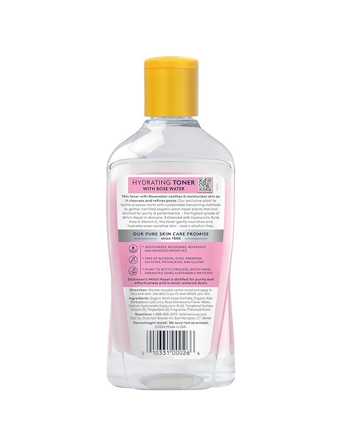 Dickinson's Enhanced Witch Hazel Hydrating Toner with Rosewater, Alcohol Free, 98% Natural Formula, 16 Fl Oz (Pack of 1)
