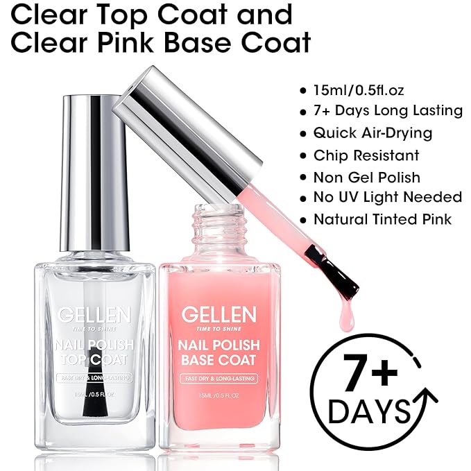 GELLEN Clear Nail Polish Base Top Coat, Sheer Pink Tinted Base Coat & Shine No Wipe Top Coat for Strengthening Thin Damaged Natural Nails, Quick Dry Regular Nail Polish No UV Gel, Hema Free, Non-toxic
