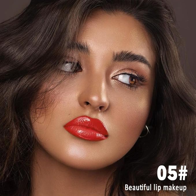 evpct Bright Fire Red Shiny Longwear No-Budge Liquid Lip Color Lipstick Makeup, Highly Pigmented Color Instant Shine, Waterproof Long Lasting Lipstick Women Lip Stain Gloss with Lip Liner Brush, 05#