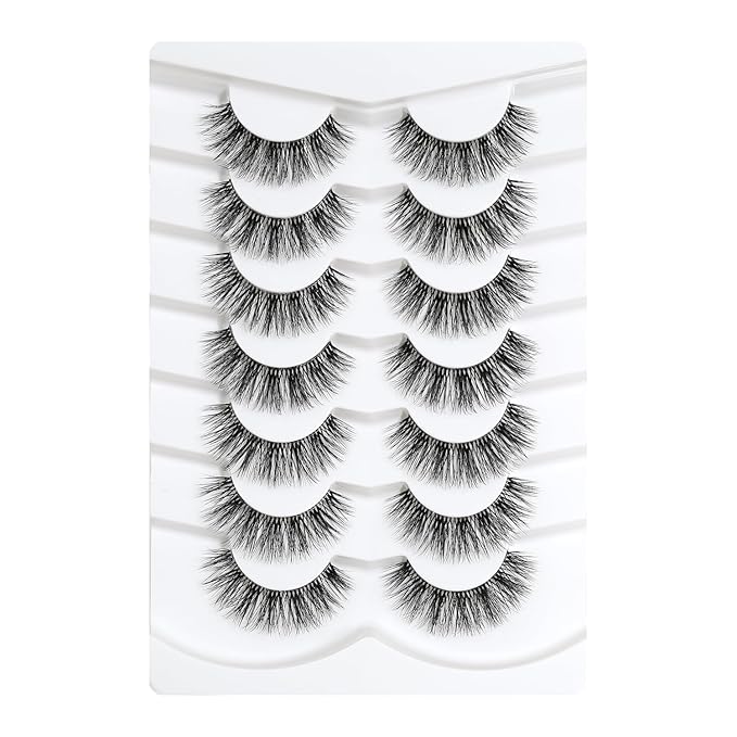 3D Clear Band False EyeLashes Soft Faux Mink Lashes Wispy Fluffy Eyelashes Natural Cat Eye Short Reusable 7 Pairs Happy Heartbeat(No.198)