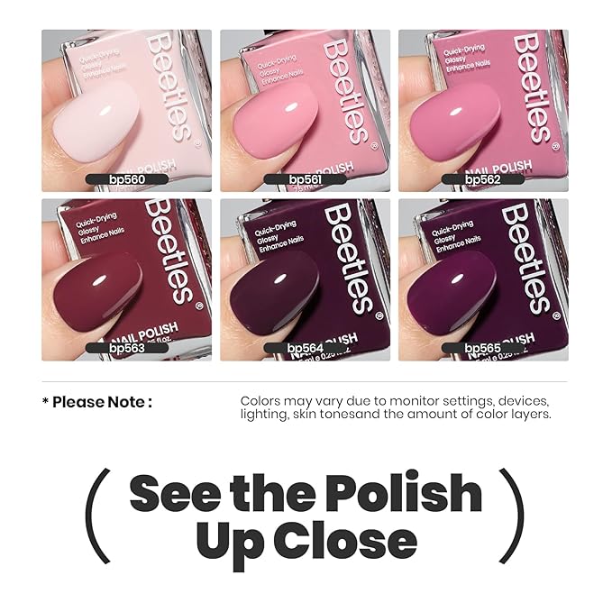 Beetles Nail Polish Set - Twilight Rose 6 Colors Quick Dry Baby Pink Burgundy Red Purple Plum High-Gloss Long-Lasting Nail Polish for DIY At-Home Manicure Fall Christmas Gift for Women