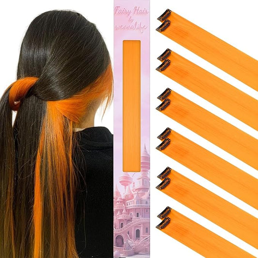 WENNALIFE 12 PCS Orange Hair Extensions Clip in, Colored Clip in Hair Extensions for Kids Highlights Rainbow Hair Clips for Girls Synthetic Straight Pop-up Style Colorful Girls Hair Accessories