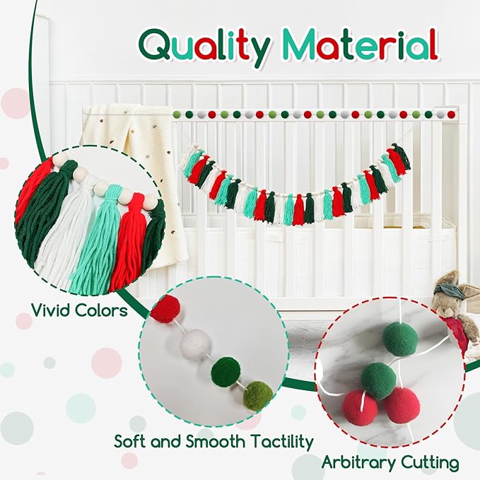 2 Pcs Boho Tassel Christmas Garland, Pom Pom Tassel, 6.5 Feet Long 20 Felt Balls, Christmas Colorful Wall Hanging Party Decorative Banner, Home Decoration Birthday Baby Shower