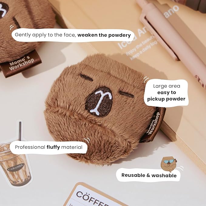 Momo's Workshop Face Fluffy Powder Puff for Makeup,Large Soft Velour Makeup Puff for Loose Or Pressed Powders,2pcs Cute Brown Powder Puffs & Storage Case