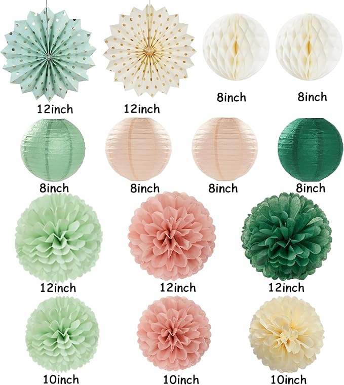 Sage-Green Pink-Beige Boho Party-Decorations Streamers - 14pcs Rustic Neutral Wedding Olive Paper Honeycomb Lanterns Fan,Birthday Baby Bridal Shower Engagement Decor Lasting Surprise