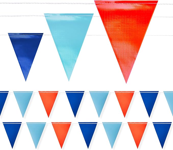 Safety Warning Pennant Banner Flags – Multipurpose OSHA High Visibility Colored Triangle Flags for Roadwork, Party and Hazard Areas(Dark/Light Blue+Orange,45pcs,105FT)