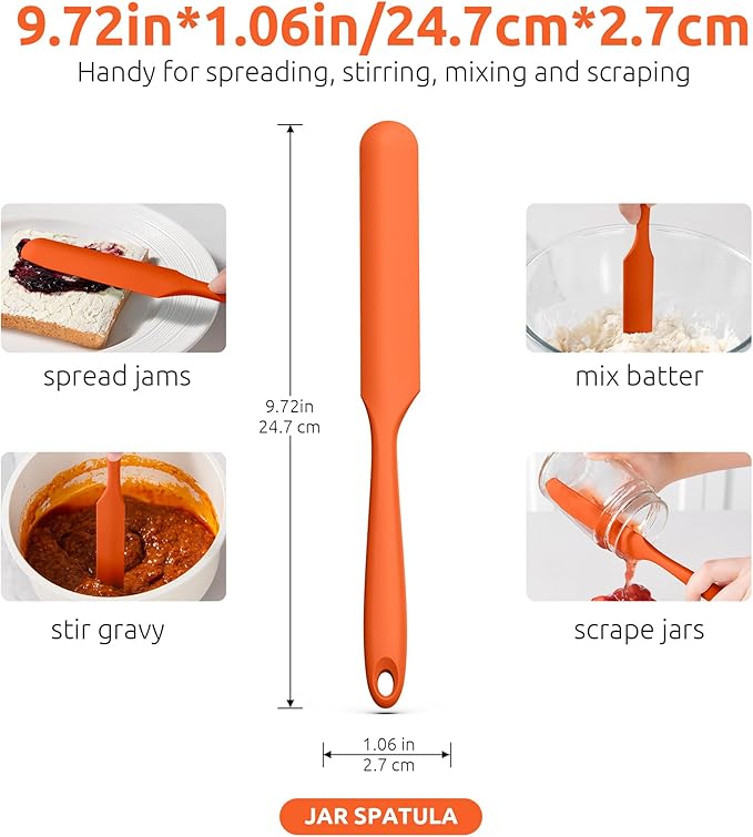 U-Taste Skinny Silicone Jar Spatula: 600ºF Heat-Resistant Food-Grade 10in Long Narrow Sourdough Stirring Stick, Seamless Flexible Peanut Butter Spreader for Scraping Icing Bread Cream, Jam (Orange)