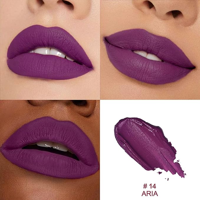 O'CHAIN Dark Purple Matte Lipstick, Long Lasting Full Coverage Non-Transfer Lipstick for Women Infused with Jojoba Oil and Vitamin E, Cruelty-Free & Vegan (14 ARIA) 0.12 Oz
