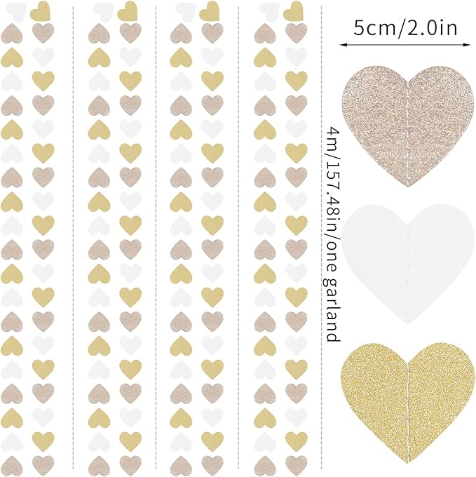 White-Gold Champagne Bachelorette Party Decorations - 52Ft Birthday Heart Hanging Paper Streamers-Garland Banner,Engagement Wedding Neutral Baby Bridal Shower Supplies Decor Ouruola