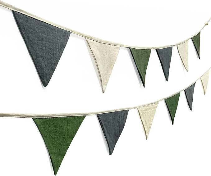 2 Sets of Green Grey Beige Nursery Garland 24Pcs Woodland Fabric Linen Pennant Banner Flags Triangle Streamers for Baby Playroom Decor Kids Camping Birthday Baby Shower Jungle Party Decorations