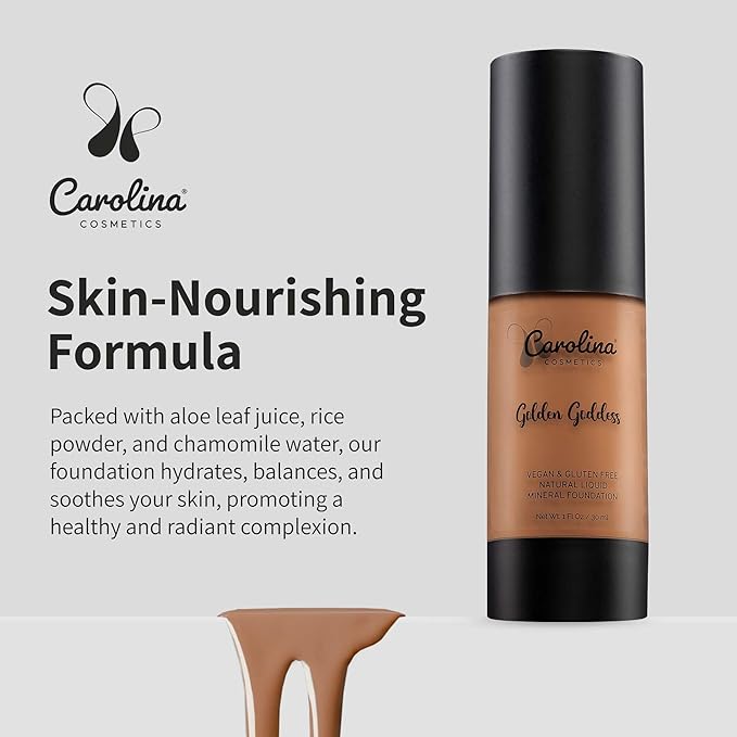 Carolina Cosmetics - Foundation in Golden Goddess Shade Plant-Based - Hydrating, Pore-Minimizing & Buildable Coverage - Vegan, Non-GMO - 1fl oz