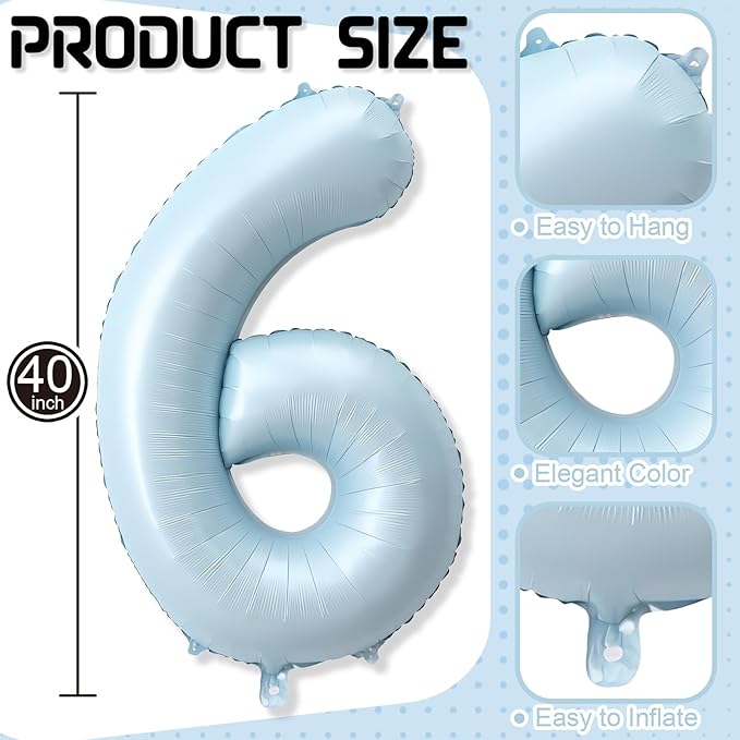 40 Inch 6 Balloon Number, Large Pastel Baby Sky Blue Foil Number 6 Balloons Birthday Party Decor, Light Powder Blue Helium Mylar Self Inflating Balloon for Boys Kid 6th Birthday Anniversary Decoration