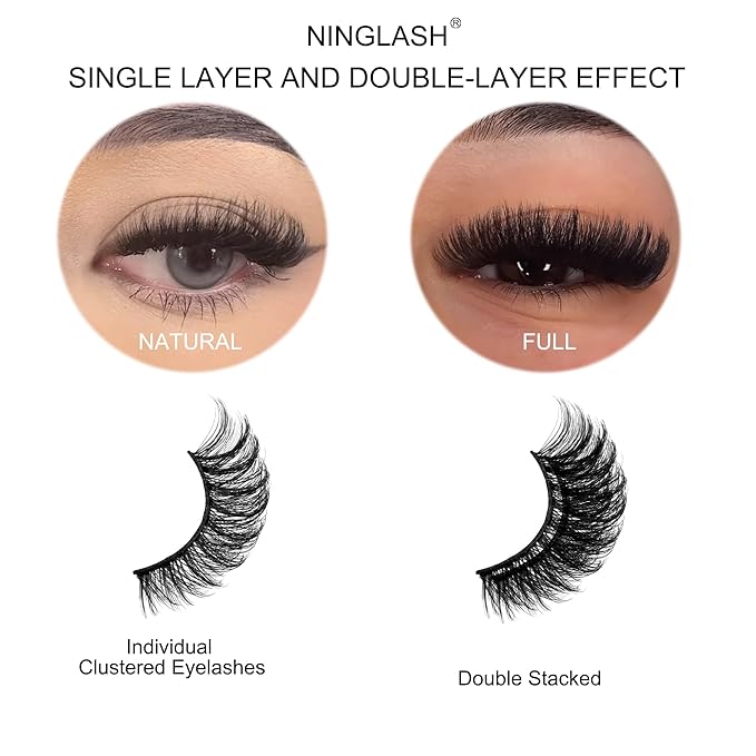 Short Thick Lashes Natural Look D Curl Eyelashes that Look Like Extensions 5 Pair Fluffy Mink Wispy Cat Eye Strip False Volume Lash Pack 8-14mm Full Mega Double Stacked Eyelash Small Fake Lashes