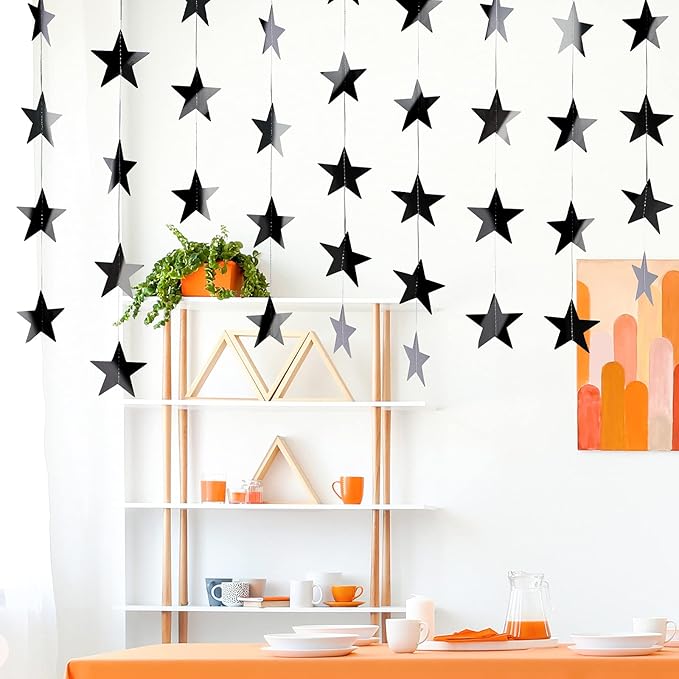 Patelai 130 Feet Glitter Star Garland Banner Decoration Hanging String Star New Year Eve Party Supplies Gold Black Party Decor for 2026 New Year Valentines Wedding Birthday (Black)