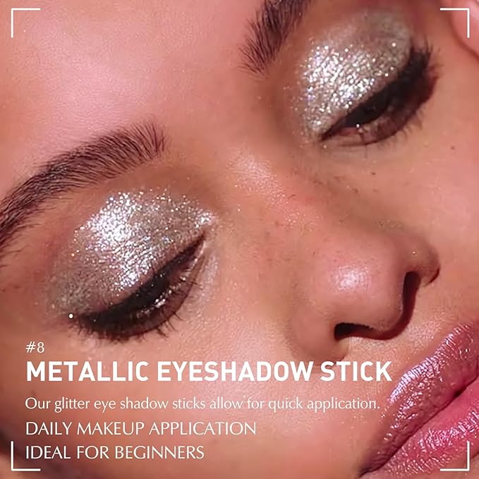 Glitter Eyeshadow Stick Metallic Chrome Finish, Shimmer Cream White Eye Shadow Stick Long Lasting Color Sparkle Multi-Use Eye Brightener Highlighter Makeup Blendable Eyeliner Pencil, 8#