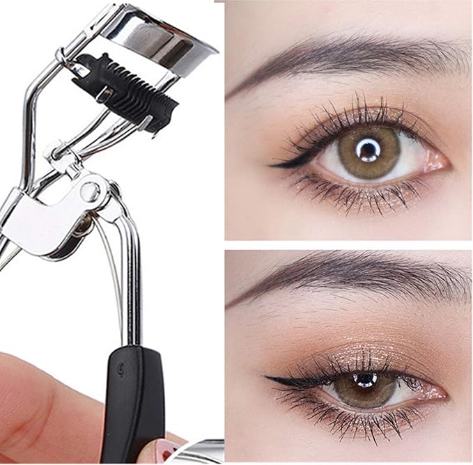 Stainless Steel Eyelash Curler with Built-in Comb Pinch Pain-Free Suitable for Any Eye Shapes and Sizes, with 5 Silicone Refill Pads (Black)