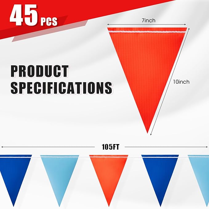 Safety Warning Pennant Banner Flags – Multipurpose OSHA High Visibility Colored Triangle Flags for Roadwork, Party and Hazard Areas(Dark/Light Blue+Orange,45pcs,105FT)