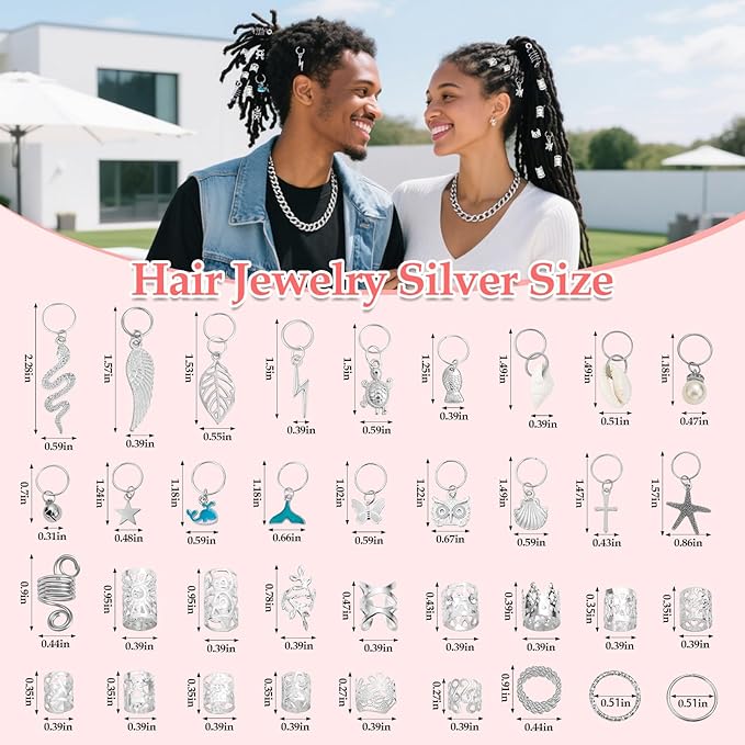285PCS Silver Hair Jewelry for Braids, 37 Styles Loc Jewelry Charms for Women and Men, Adjustable Metal Hair Cuffs Rings and Clips, Braids and Dreadlocks Accessories, Braiding Hair Jewelry Decorations