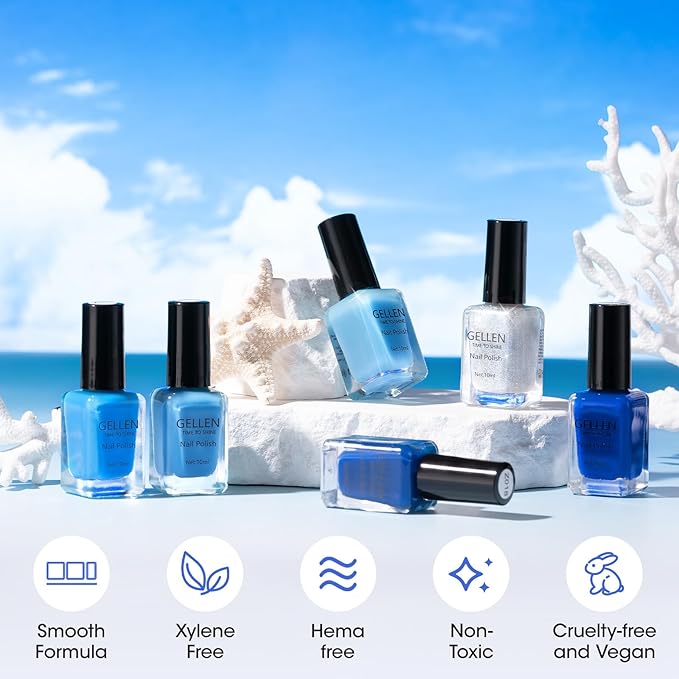 Gellen Blue Jelly Nail Polish, Sheer Nail Polish Quick Dry Summer 6 Colors Blue Glitter Set, Natural Traditional Regular Nails Polish for Acrylic Natural Nails Home Salon, No Gel, Hema Free, Non-toxic