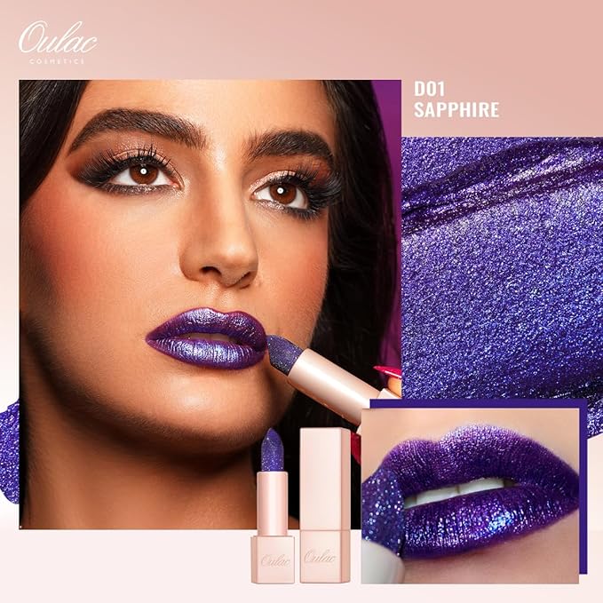 Oulac Blue Purple Glitter Lipstick, Infinity High Shine Finish, Hydrating Lip Color Infused with Damask Rose Oil for All-Day Comfort, Gluten-Free Vegan Beauty, D01 Sapphire