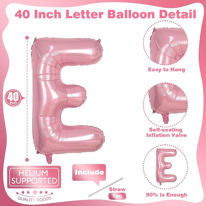 40 Inch Pearl Pink Large Letter Balloons A - Z, Self Inflating Pastel Pink Foil letter E Balloon for Girls, Big Light Pink Alphabet E Balloon for Women Birthday Party Anniversary Supplies Decorations