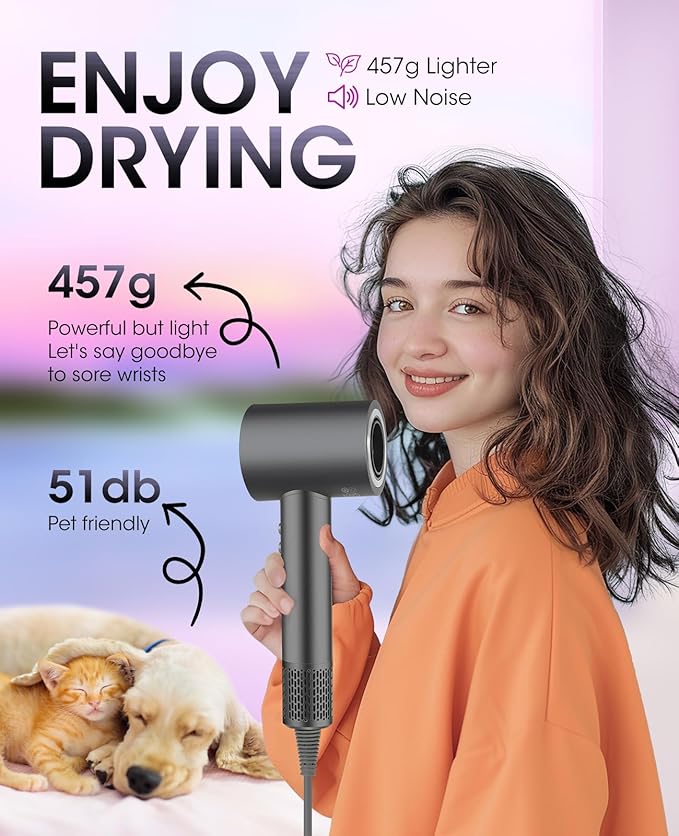 Professional Ionic Hair Dryer - 110,000RPM High-Speed,Lightweight,1500W Powerful Blow Dryer with Cool Shot Button,Dual Voltage,Concentrator Nozzle & Smart Temperature Control for Fast Drying