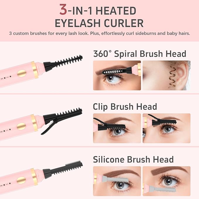 3 in 1 Heated Eyelash Curler, Rechargeable Heated Eyelash Curlers for Women, Electric Lash Curler with 3 Brush Heads, 24H Natural Curling with 3 Temp Settings 10s Fast Heating, Pink