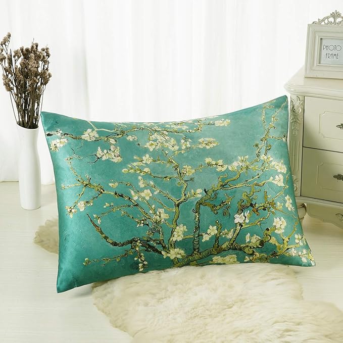 ALASKA BEAR Luxury Silk Pillowcase for Beauty Sleep, Genuine 22 Momme Mulberry Silk Pillow Case Slip for Room Decor, Cherry Blossom Floral Pattern Printed, Queen Size (1pc, Gift Box)