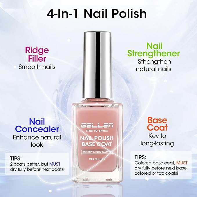 GELLEN 4‑in‑1 Clear Nail Polish Base Coat Sheer Tinted Natural Pink, Ridge Filler, Nail Strengthener & Concealer, Calcium Formula Strengthens Nails, Enhances Natural Look, No HEMA, Anti-yellowing