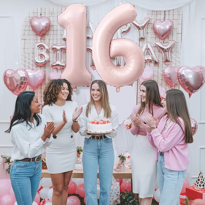 40 Inch 16 Balloon Number, Large Pastel Blush Baby Pink Foil Number 16 Balloons Birthday Party Decor, Light Dusty Pink Helium Self Inflating Balloon for Girl Women 16th Birthday Anniversary Decoration