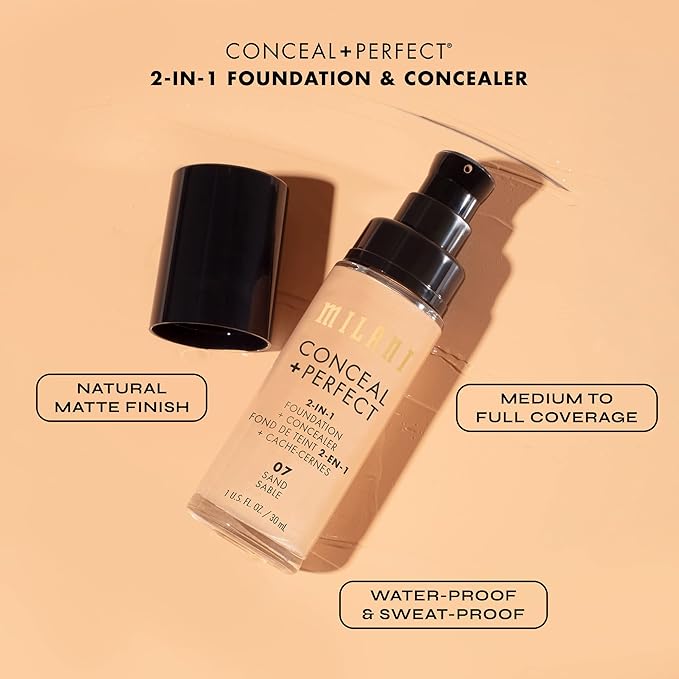Milani Conceal + Perfect 2-in-1 Foundation + Concealer for a Flawless Complexion, Under Eye Corrector, Cover Redness and Imperfections, Waterproof and Sweatproof - Light Tan