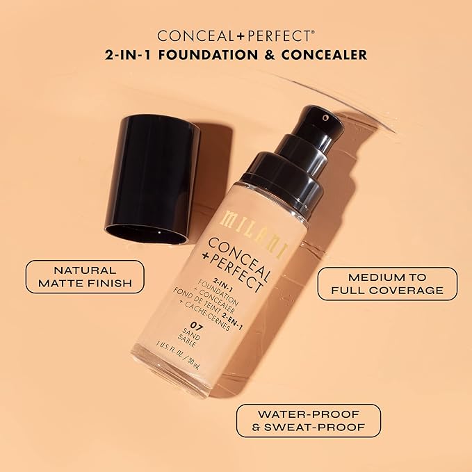Milani Conceal + Perfect 2-in-1 Foundation + Concealer for a Flawless Complexion, Under Eye Corrector, Cover Redness and Imperfections, Waterproof and Sweatproof - Golden Toffee