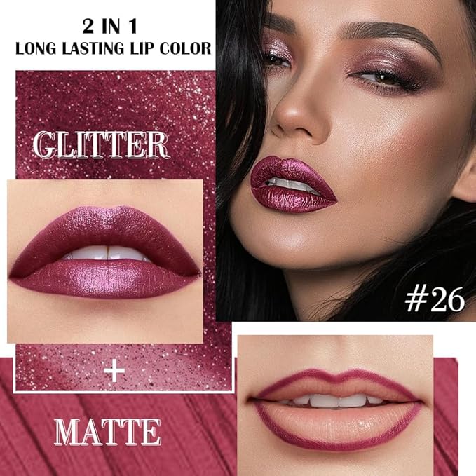 evpct Dark Purple Red Metallic Glitter Lip Liner and Lipstick Combo Lip Gloss Stain Set Makeup for Women Long Lasting Waterproof 24, Non Stick Cup Metal Shine Shimmer Iridescent Liquid Lipstick 26