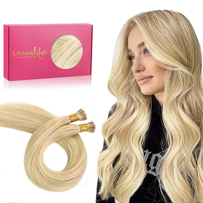 WENNALIFE I Tip Hair Extensions Real Human Hair, 100g 200s 16 Inch Light Blonde Highlighted Golden Blonde Remy Itip Human Hair Extensions Invisible Itips Straight I Tips Cold Fusion Extensions
