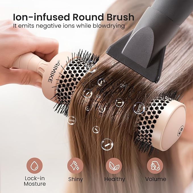AIMIKE Round Brush for Blow Out, Extra Long Round Hair Brush w/Nano Thermal Ceramic & Ionic Tech, for Blow Drying & Styling, Curling and Shine - Barrel 2.1 inch
