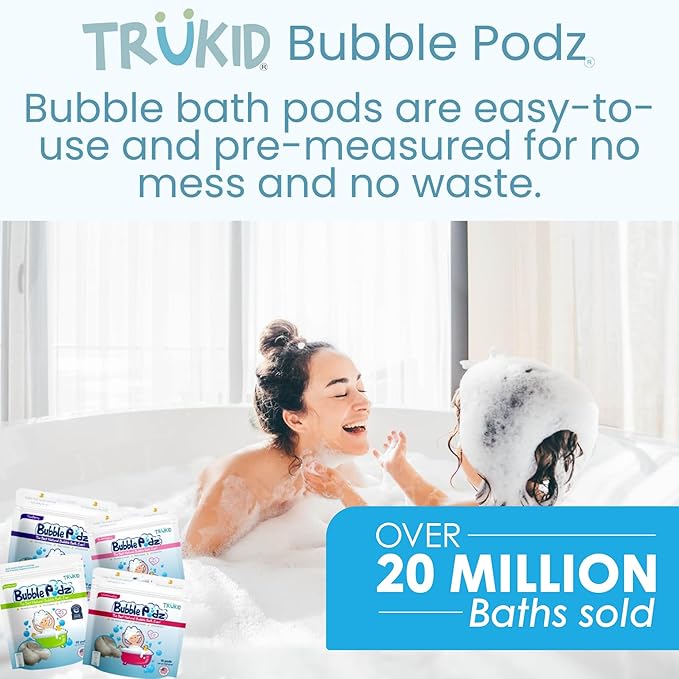 TruKid Bubble Podz Bubble Bath for Kids, Toddlers, & Babies, Tear Free Gentle & Refreshing Bath Bomb for Sensitive Skin with Natural Moisturizers, Non-Toxic, pH Balanced, Cherry Scent (24 Podz)