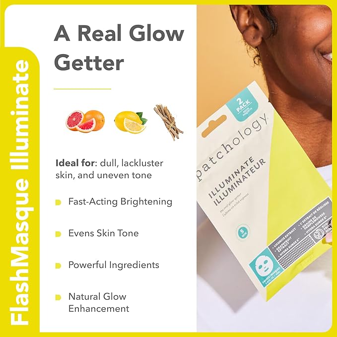 Patchology Face Mask Variety Pack - Brightening Face Mask with Vitamin C stimulates collagen, Hydrating Face Masks with Hyaluronic Acid soften skin, Renewing Face Masks with Strawberry (6 Masks)