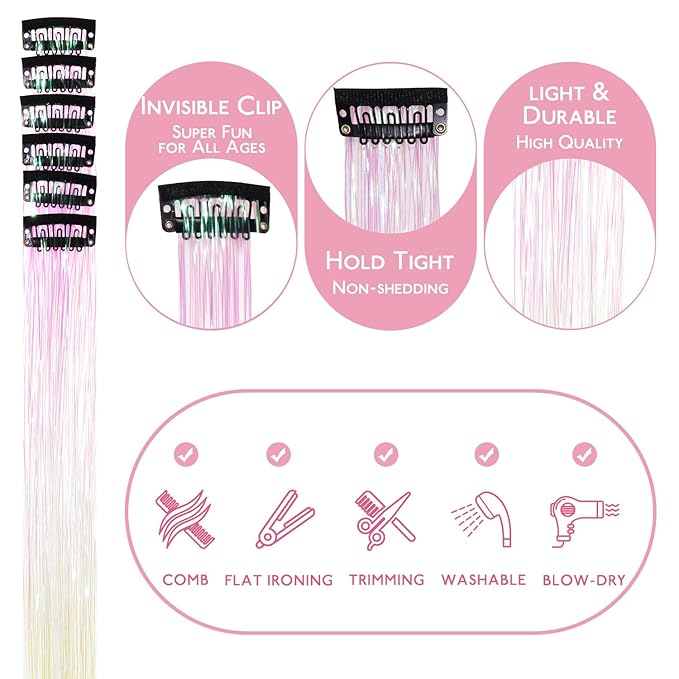 WENNALIFE Hair Tinsel Clip In for Girls Bright White, 6pcs 24 inch Clips Tinsel Hair Extensions Clip in Colorful Glitter Clips Sparkle Fairy