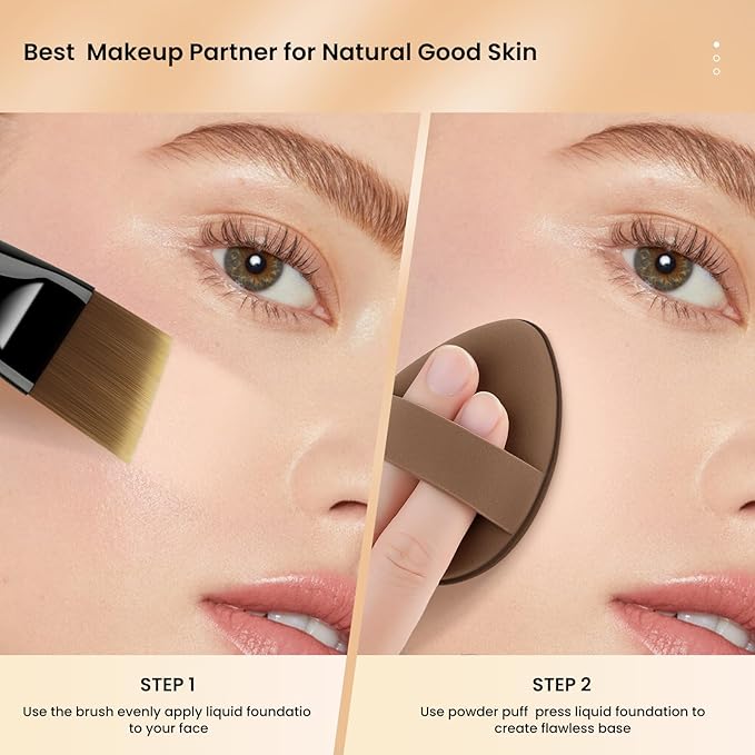 Ultra Thin Flat Foundation Brush for Liquid Makeup,Liquid Foundation Brush 0.1mm Peak, Flat Makup Brush with Power Puff for Liquild and Cream