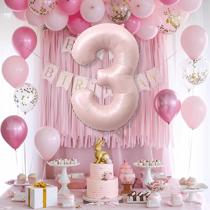 3rd Birthday Balloons for Girls, 40'' Foil Self Inflating Light Baby Pink Number 3 Balloon, Pastel Dusty Blush Pink Large 3 Balloon Number for 3 Yeal Old Birthday Party Decor Anniversary Decorations