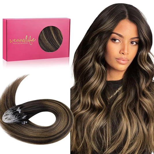 WENNALIFE Microlink Hair Extensions Human Hair, 50g 50s 24 Inch Balayage Dark Brown Mixed Chestnut Brown Remy Micro Bead Hair Extensions Real Human Hair Loop Ring Hair Straight Microlinks