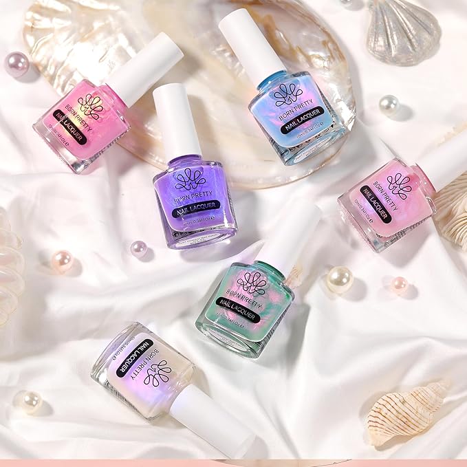 Born Pretty Pearl Nail Polish Set, 6 Colors Ombre Pearl Shimmer White Pink Purple Mermaid Nail Polish Quick Dry Spring Summer Finger 10ml 0.34oz Shell Glitter Nail Lacquer Set