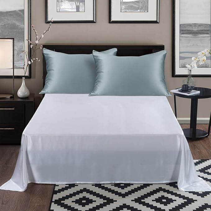 ALASKA BEAR Natural Silk Pillowcase, Hypoallergenic, 19 Momme, 600 Thread Count 100 Percent Mulberry Silk, Queen Size with Hidden Zipper(1, Haze Blue)