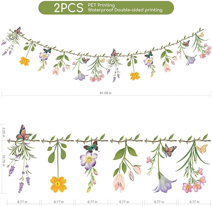 2PCS Flower Banner Reusable Wildflower Garland Floral for Spring Party Enchanted Garden Theme Picnic Wedding Baby Shower Birthday Tea Party Christmas Valentine's Day Supplies Home Decorations